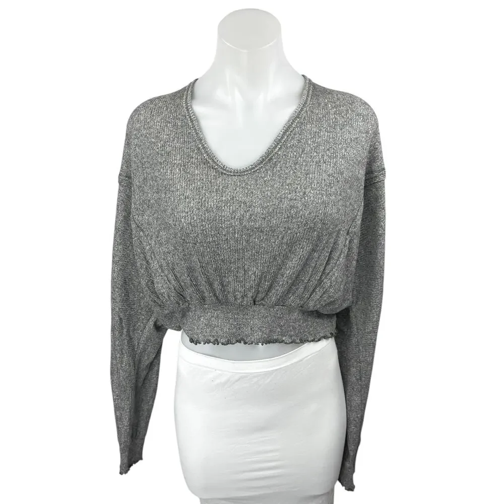 Free People We The Free Gray Long Sleeve Smocked Knit Cropped Sweater Top Size M